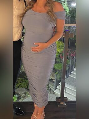 Ruched Bodycon Midi Maternity Dress in Dusty Lavender